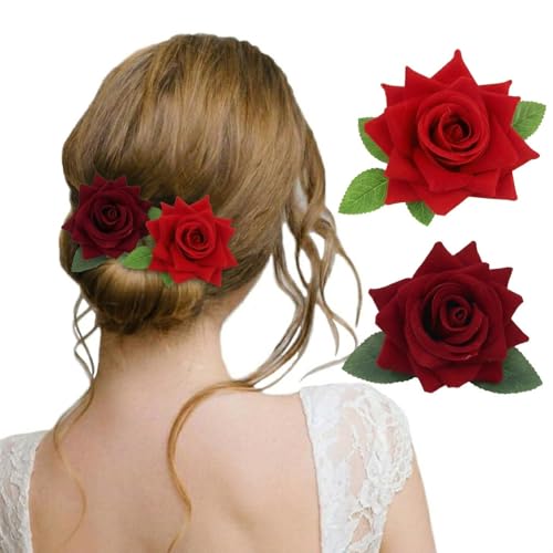 RVYEIOP 2 Pezzi Fiori per Capelli Donna Elegante, Fermagli a Molletta con Rose Artificiali (Rosso e Rosso Scuro), Accessori Capelli per Matrimonio, Sposa, Festa e Spiaggia, Diametro 9.5cm