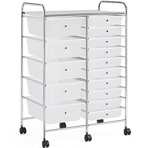 Yaheetech 15 Drawers Plastic Storage Cart, Multipurpose Mobile Organizer Unit with 4 Lockable Wheels, Utility Rolling Trolley for Home Office School Salon & Beauty, White