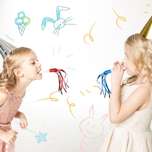 12pcs Glitter Fringed Party Blowers, Colorful Birthday Blow Horns Funny Noise Makers Party Favors Squawker Blowouts for Birthday New Years Graduation