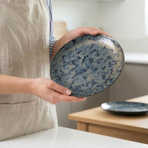 Image of Freakway Artisan Reactive Glaze Dinner Plates, Ceramic, Emerald Moss Blue, 27.17 cm, Round, Set of 6, Microwave & Dishwasher Safe