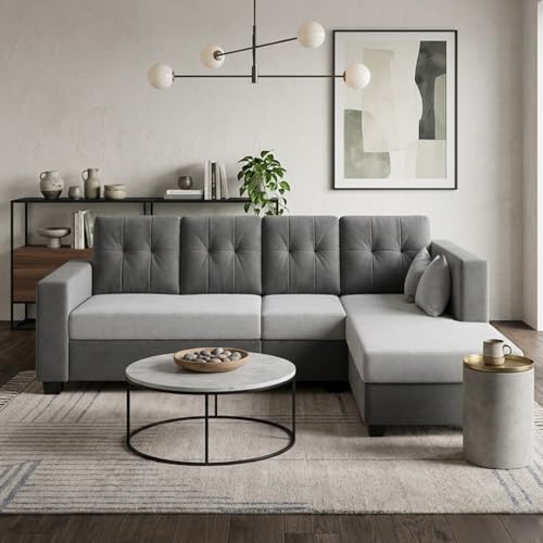 Image of FURNY Nathan 5 Seater L Shape Sofa Set RHS (Light Grey-Dark Grey) | Suede Velvet Finish | Durable Comfort Sofa for Modern Living Room & Office Spaces