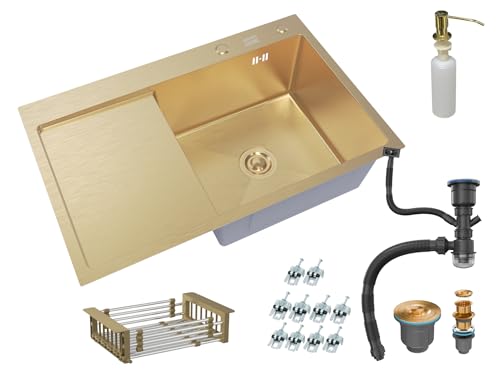 Fregadero de una sola cámara, fregadero con escurridor 78 x 50R, dorado y Aksesoria