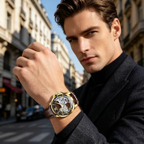 Image of OLEVS Skeleton Watches for Men Automatic Self Winding Mechanical Luxury Dress Leather Waterproof Luminous Men Wrist Watch