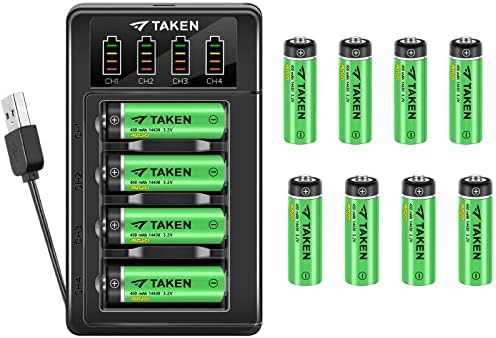 Taken 14430 3.2 Volt Rechargeable Solar Battery with Charger, 3.2V 450mAh 14430 LiFePO4 Rechargeable Battery for Solar Panel Outdoor Garden Lights, 12 Pack 14430 Battery with 4-Ports LiFePO4 Charger