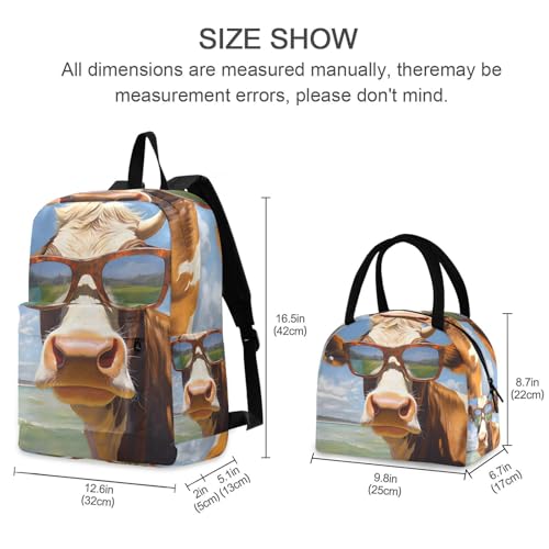 Backpack Lunch Box Set Large Capacity Travel Backpacks and Insulated Lunch Bag for Commute Hiking Picnic Beach Cow Print2