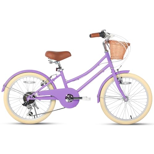 Glerc 20 Inch Beach Cruiser Bike, 6-Speed Hybrid City Bicycle for Girls Youth and Over 6 Years Old, Missy Bike with Wicker Basket & Lightweight, Purple