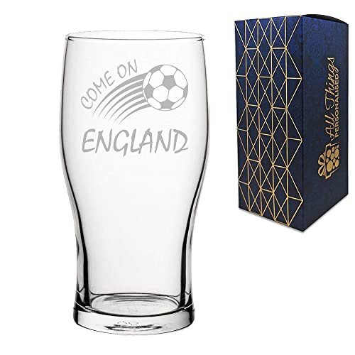 Engraved Football Pint Glass, Come On England Curved Football Design with Gift Box, Euro Football Soccer Championship