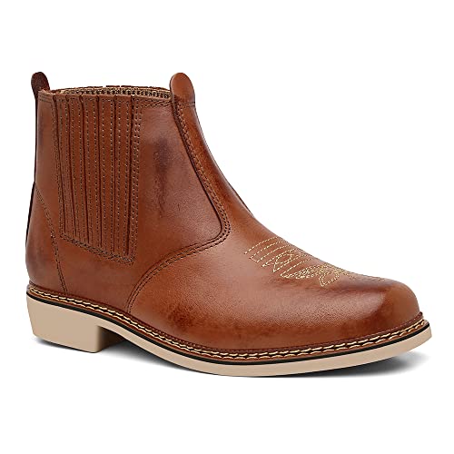 Bota Casual Masculina Botina Texana Cano Médio Bordada Couro Cor:Marrom;Tamanho:41