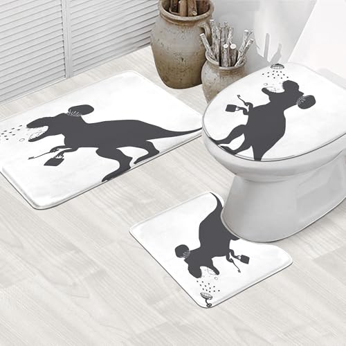 Image of 4PCS Kids Dinosaur 71Wx71H Inches Funny Animal Dino Silhouette Shadow Shower Curtain Sets with Rugs, Toilet Lid Cover and Bath Mat, Cute Bath Accessories Art Home Decor Fabric 12 Pack Hooks