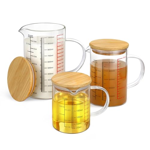 Votoko Juego de 3 Jarra de Vidrio Medidora, 350 ml+500 ml+1000 ml ristral Borosilicatado Resistente al Calor con Escala+Tapa de Madera, con Escala para Líquidos, Azúcar y Hari