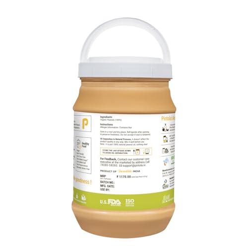 Image of Pintola Organic Unsweetened Peanut Butter Crunchy 2.5kg - High Protein 30g & 9g Dietary Fiber, Made with Organic Peanuts, No Added Sugar, No Preservatives