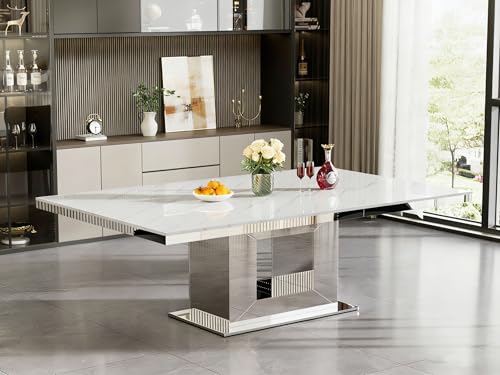Image of 63-94.5 inch Large Extendable Dining Table for 6 8 10 Modern Faux Marble Kitchen Table Large Rectangular Expandable Conference Dinner Table with White Marble Top & Mirrored U-Shape Base