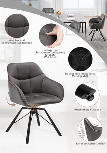 Foto von WOLTU Esszimmerstuhl drehbar 6er Set, Küchenstuhl, Polsterstuhl, Drehstuhl, bequemer Stuhl mit Armlehnen Rückenlehne, Armlehnenstuhl für Esszimmer Wohnzimmer, mit Samtbezug, Dunkelgrau