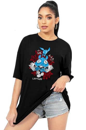 Image of LEOTUDE Women's Oversized Cottonblend Half Sleeve Round Neck Printed Regular Fit T-shirt