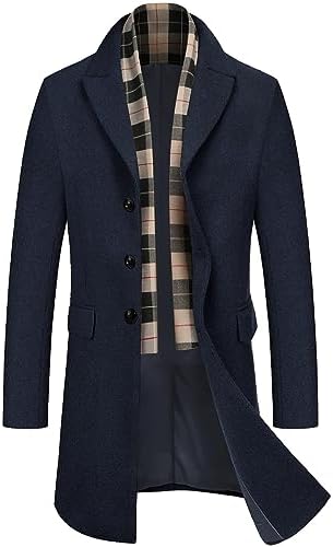 COOFANDY Herren Mantel mit Abnehmbaren Schal Wintermantel | Einreihiger Kurzmantel Business Trenchcoat Warme Winterjacke Overcoat