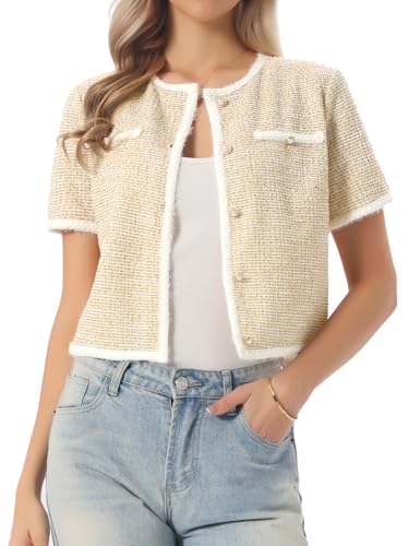 Image of Allegra K Short Sleeve Tweed Jacket for Women Summer Crew Neck Button Front Cropped Cardigan