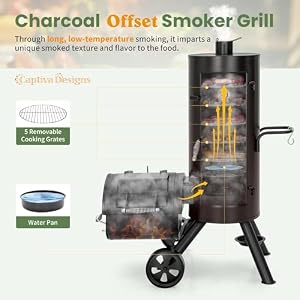 Captiva Designs Charcoal Vertical Smoker Grill and Offset Smoker Grill Combo Extra Large Outdoor Barrel BBQ Meat Smoker Grill with 5 Removable Smoking Grates Built in Hooks for Various Meat Foods