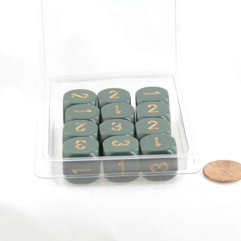 Dusty Green Opaque Dice with Gold Numbers D3 (D6 1-3 Twice) 16mm (5/8in) Pack of 12 Wondertrail