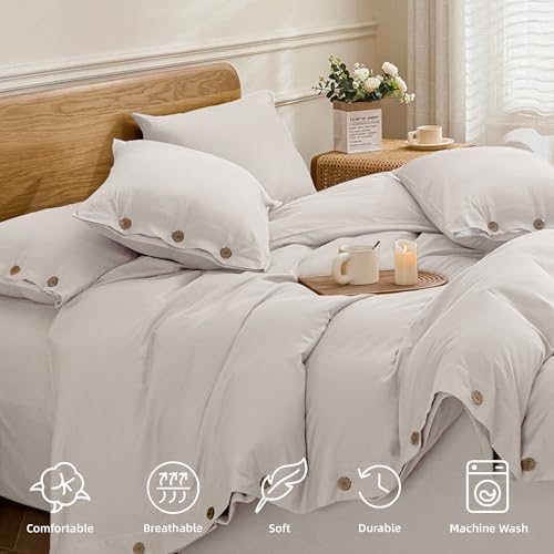 Image of JELLYMONI Cotton Duvet Cover Oversized King Size - Beige Comforter Cover with Button 100% Washed Cotton 3PCS Breathable Soft Solid Bedding Set Duvet Cover 120x98in & 2 Pillowcases (NO Comforter)