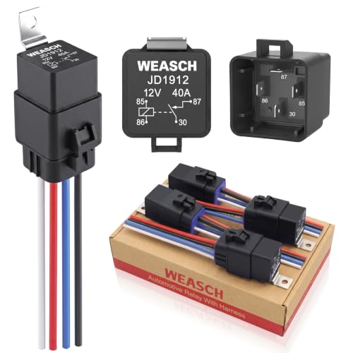 Weasch 5 Pack 12V 40A 4-Pin SPST Waterproof Relay and 14AWG Harness Kit