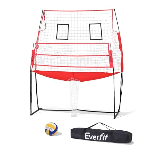 Everfit Volleyball Training Net 8x11FT, Adjustable Height Net for Indoor & Outdoor Practice, Free-Standing, Portable Volleyball Trainging Set with Ball & Carry Bag, Red