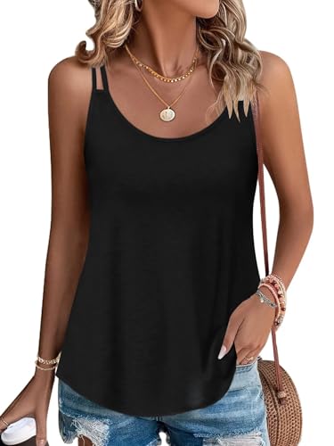 PLOKNRD Damen Tank Top Sommer Spaghetti Oberteile Ärmellose Rundhalsausschnitt Shirt Blusen Tops Schwarz m