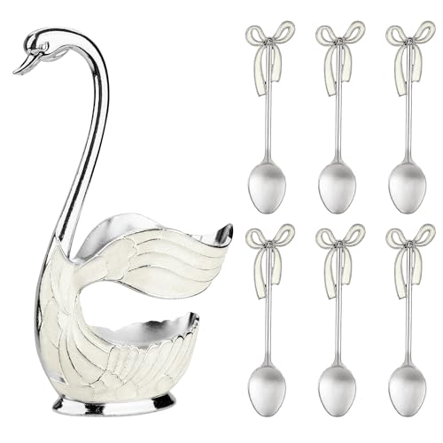 CAIRIAC Silver White Swan Decorative Dessert Spoon Set of 6, Metal, 4.2 x 2.1 Inches, Dishwasher Safe