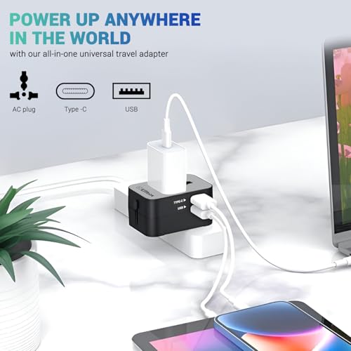 Image of Embox Universal Travel Adapter | All-in-One Worldwide Charger Adapter with Type C, USB & Type A Ports | Supports 224+ Countries | International Plug for Phone, Laptop, Gadgets (Black-Type C)