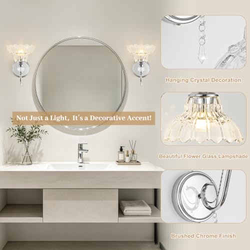 Image of 1 Piece Brushed Chrome Finish Wall Sconce, 1-Light Modern Wall Sconce with Hanging Crystal Accents and Flower-Shaped Clear Shades for Bathroom Bedroom Living Room,Modern Vanity Light