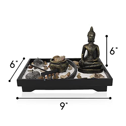 Zen Garden Incense Holder With A Mini Bronze Thai Buddha Statue - Zen Garden For Desk, Meditation Gifts And Zen Decor - Beautiful Home Decor Gift - 6" X 6" X 9" #TOP2
