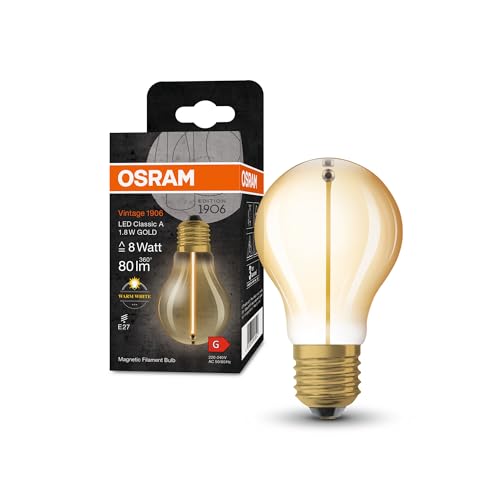 Osram Vintage 1906 Classic A FIL LED-Lampe, E27, Kolbenform, gold, 1,8W, 80lm, 2700K, warmweißes Licht, sehr geringer Energieverbrauch, lange Lebensdauer, magnetisches Filament