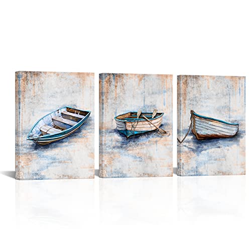 KLVOS Coastal Beach Canvas Wall Art Blue Sailing Boat Painting