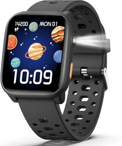 Smart Watch for Kids 6-16 1.83 Kids Smart Watch with 100+ Sports Modes Heart Rate & Sleep Monitor Pedometer Alarm Flashlight Puzzle Games Fitness Tracker Watchs Gift for Boys Girls (Black)