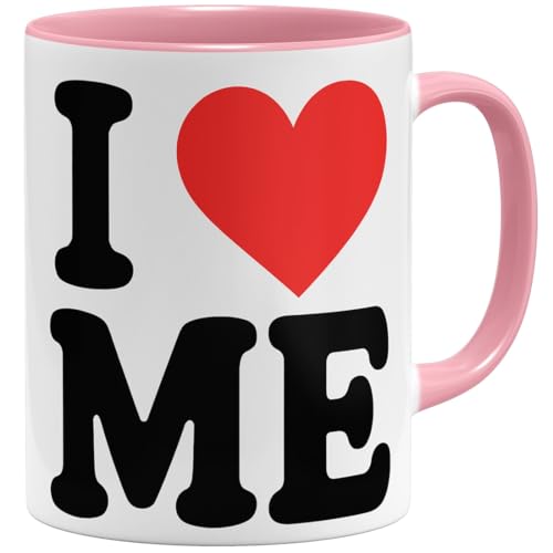 OM3® witzige Kaffee-Tasse mit Spruch - I love me - Selbstverliebt Narzissmus - Ich liebe mich II - Keramik Becher - 325ml - Beidseitig Bedruckt - Rosa