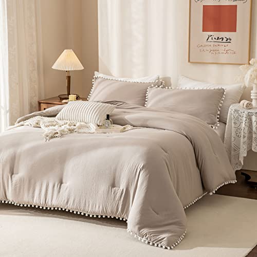 Bedbay King Size Comforter Set Taupe Tan Comforter Set White Ball Fringed Light Khaiki Bedding Set Boho Comforter Set 1 Comforter 2 Pillowcases (Taupe, King) #TOP4