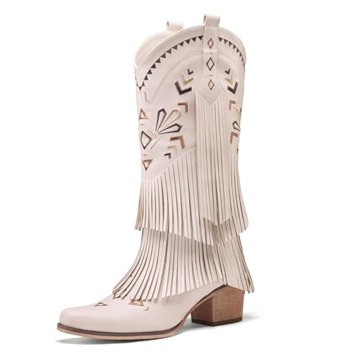 Cowboy Boots for Women Fringe Embroidered Knee High Western Cowgirl Boots Pointed Toe Chunky Heels2
