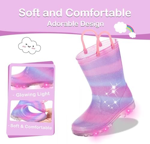 Toddler Kids Rain Boots Boys Girls Light Up Waterproof Boot with Handles, Big Kid Size 2, Pink Purple Blue - 4