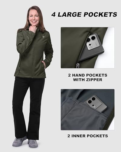 Outdoor Ventures Damen Wasserdichte Softshelljacke Winddichte Übergangsjacke mit Kapuze Leichte Sportjacke Funktionsjacke zum Radfahren, Wandern, Grün Tan 38