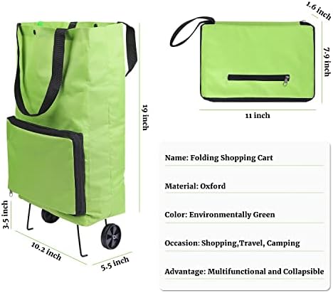 NymphFable Foldable Shopping Bags with Wheels Portable Trolley Bags Shopping Cart Bags Shopping Trolley Bag Travel Cart Luggage Bag Green
