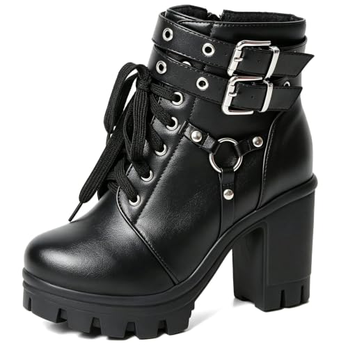 MEOTINA Goth Women Platform High Heel Boots Buckle Combat Ankle Booties