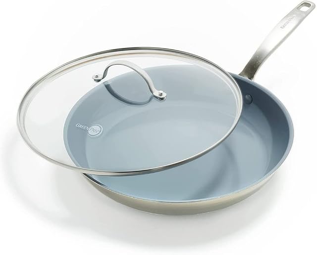 GreenPan Treviso Stainless Steel Healthy Ceramic Nonstick, 30 cm Frying Pan Skillet with Lid, PFAS-Free,Clad, Induction, Silver