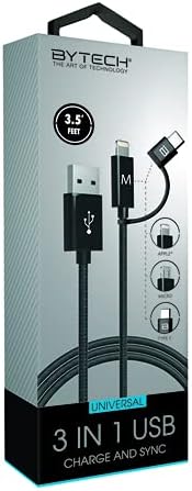 BYTECH 3-in-1 Charging Cable in its packaging, showing the USB-A, Lightning, USB-C, and Micro USB connectors.