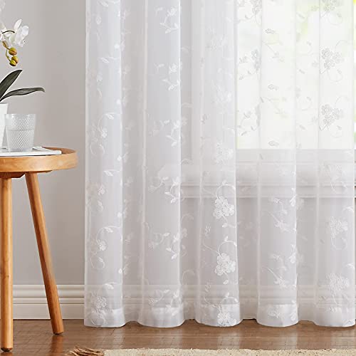 Lazzzy Floral Embroidery White Sheer Curtains For Living Room 96 Inch Long Rustic Voile Window Curtain Drpaes For Bedroom Rod Pocket 2 Panels #TOP6
