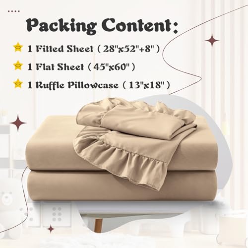 Image of KKJIAF 3 Piece Toddler Sheet Set Microfiber, Includes a Flat Sheet, a Fitted Sheet and a Ruffle Pillowcase, Khaki
