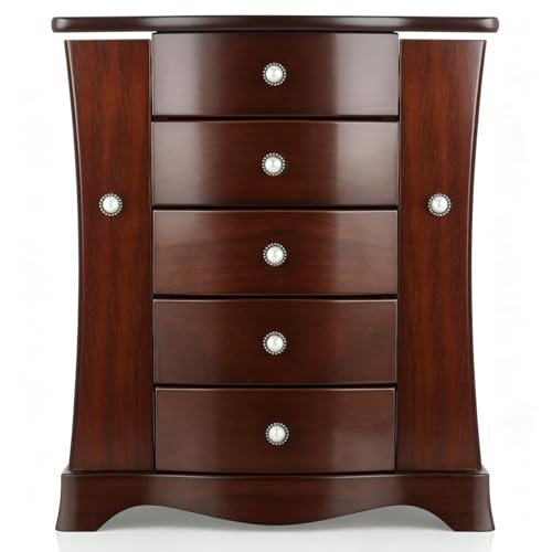RR ROUND RICH DESIGN Solid Wood Jewelry Box - Large Organizer with 4 Drawers, Built-in Necklace Carousel & Large Mirror, Brown