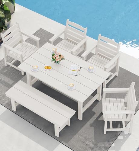 SERWALL Outdoor Dining Set for 6, HDPE Dining Furniture Set with Umbrella Hole Cut-Out Table and 1 Dining Bench and 4 Chairs, All Weather Outdoor Dining Bench Sets, White