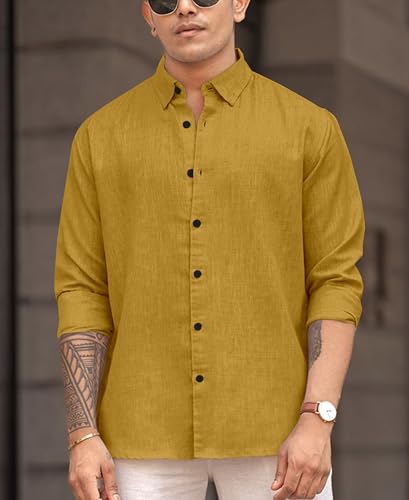 Image of Men's Solid Linen Blend Cotton Shirt | Full Sleeve Plain Shirt for Men | Regular Fit Casual & Formal Wear