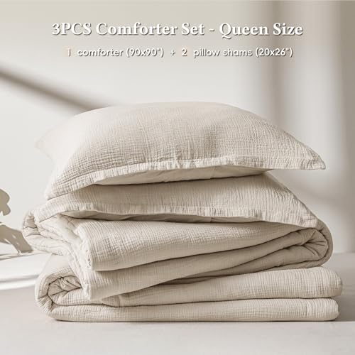 Image of David's Home Cotton Muslin Comforter Set Queen Size, 100% Cotton Cover Ultra-Soft Breathable Lightweight Skin-Friendly for Spring Summer, 3PCS Linen Like Gauze Bedding with Polyester Filling, Natural