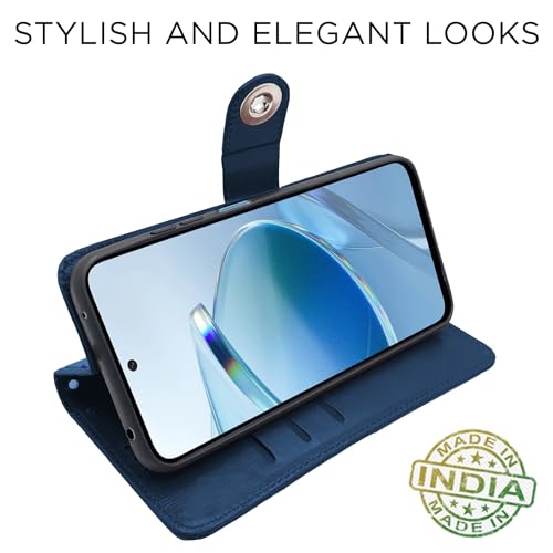 Image of Pikkme Redmi 12 4G Flip Cover Leather Finish | Inside TPU with Card Pockets | Wallet Stand and Shock Proof | Complete Protection Button Flip Case (Blue)