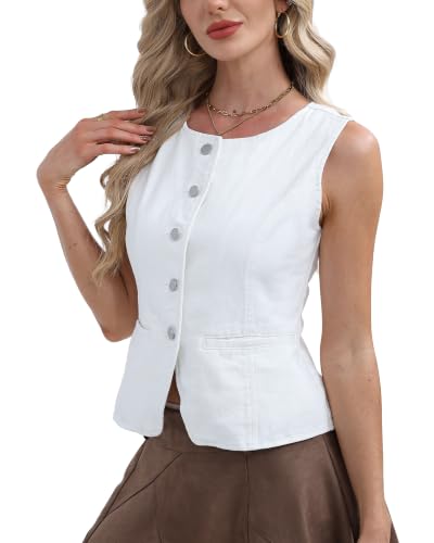 Argstar Women's Crewneck Denim Vest, White S
